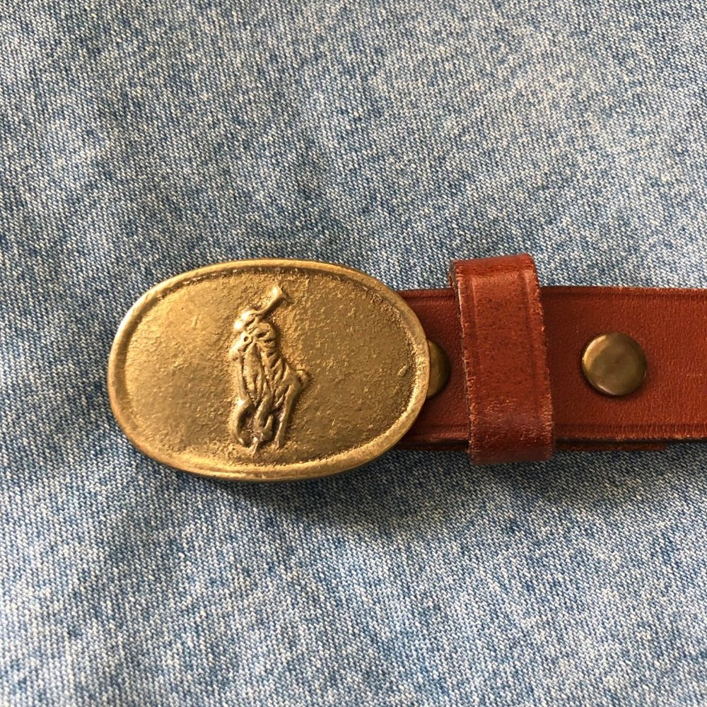POLO Ralph Lauren Vintage Brass Logo Buckle Belt - Picture 2 of 10